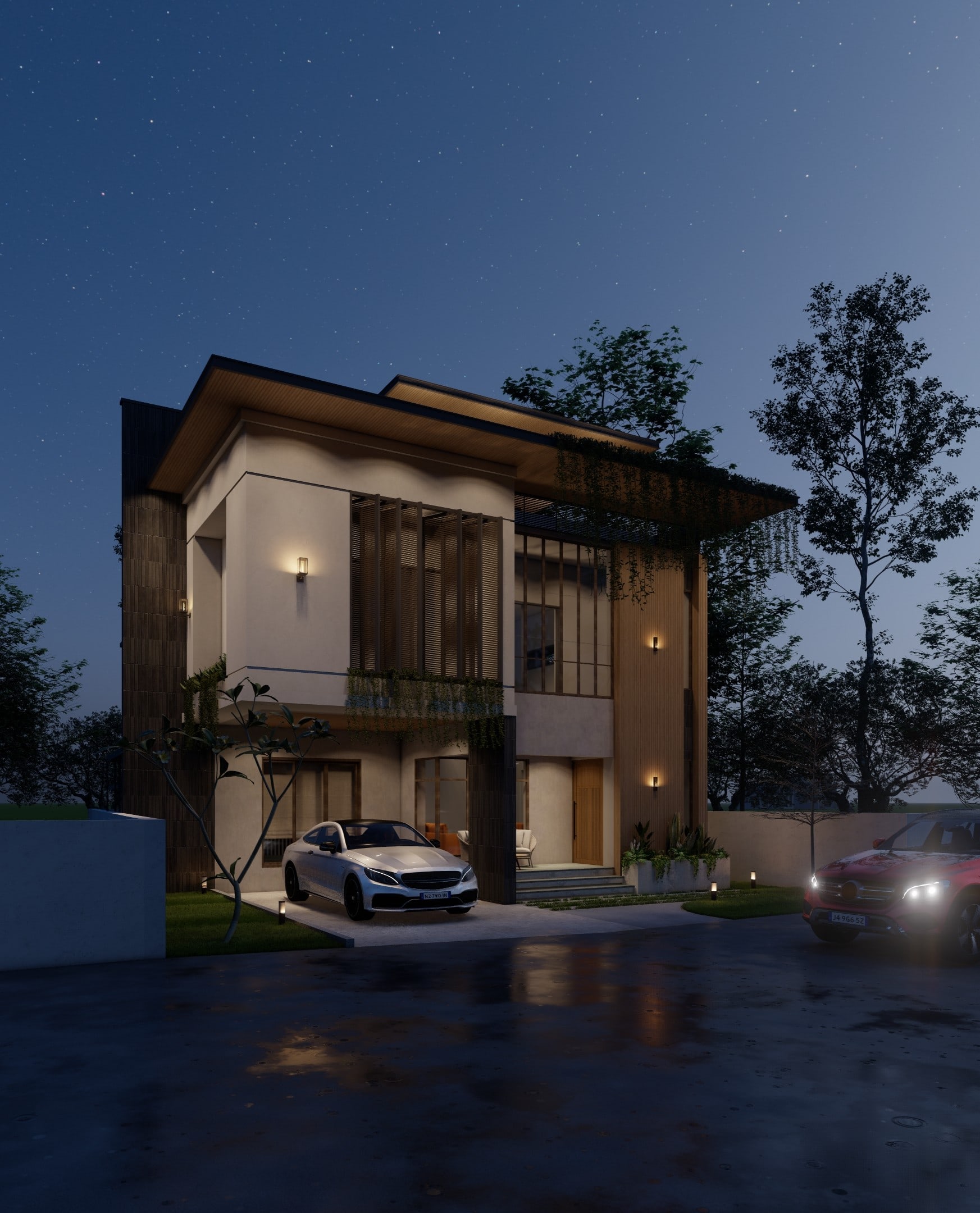Exterior design visualisation showing the main elevation of Benhur and Reethu Residence