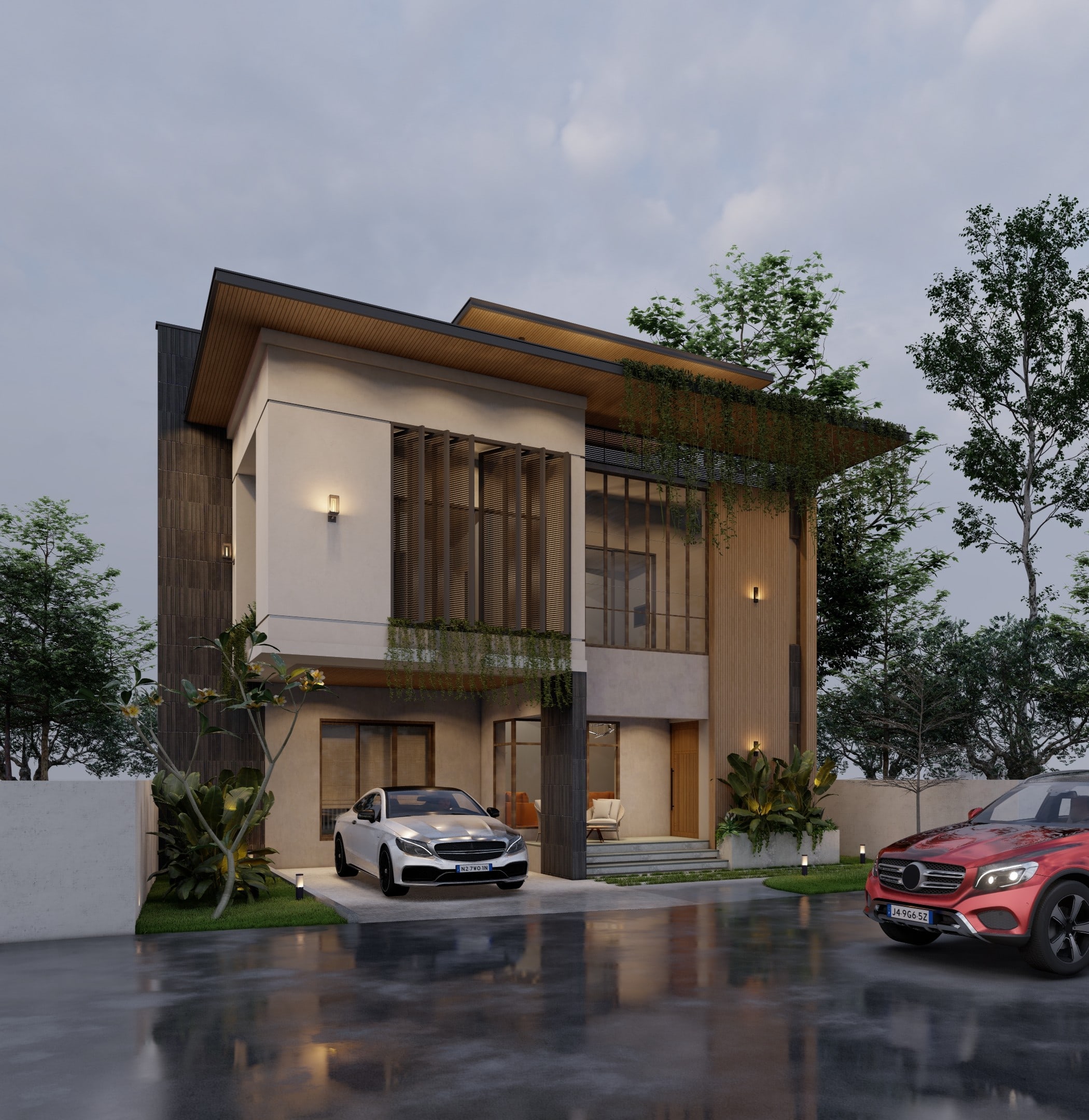 Exterior design visualisation showing landscape and building form at Benhur and Reethu Residence