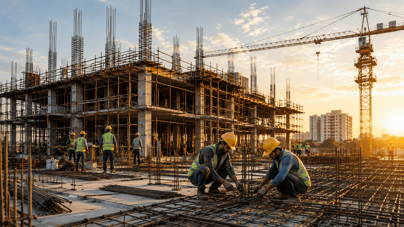 Active building construction site with structural work in progress