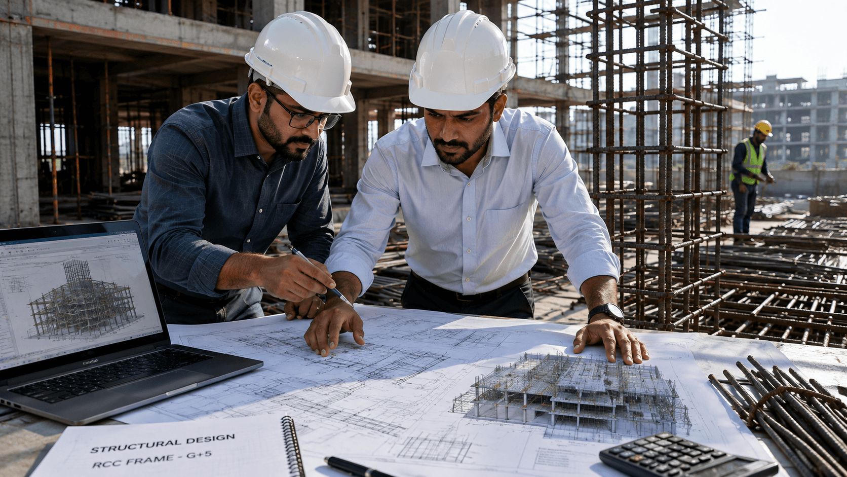 Engineers reviewing structural drawings at a construction site