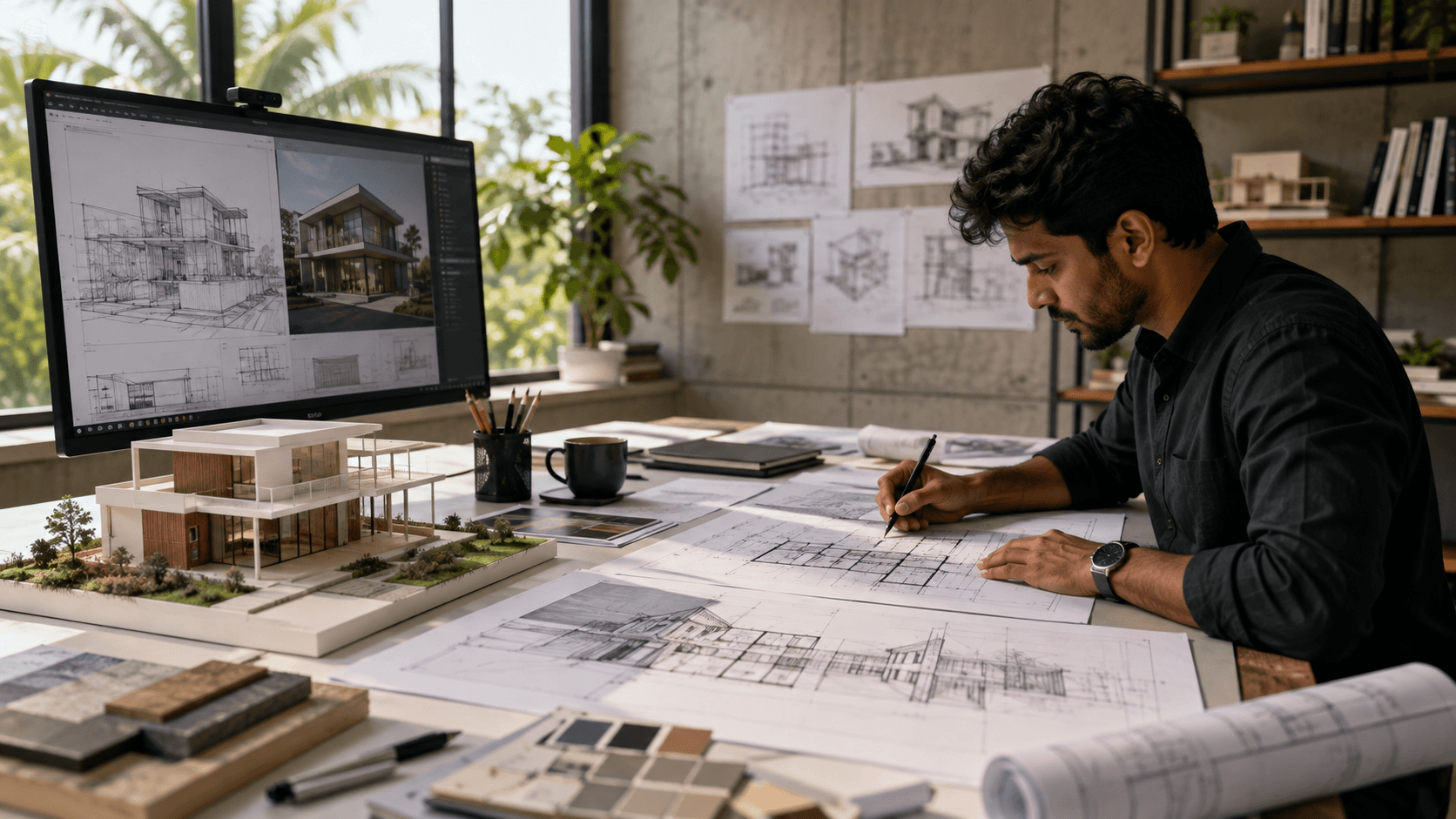 Architect developing a residential design with drawings and model