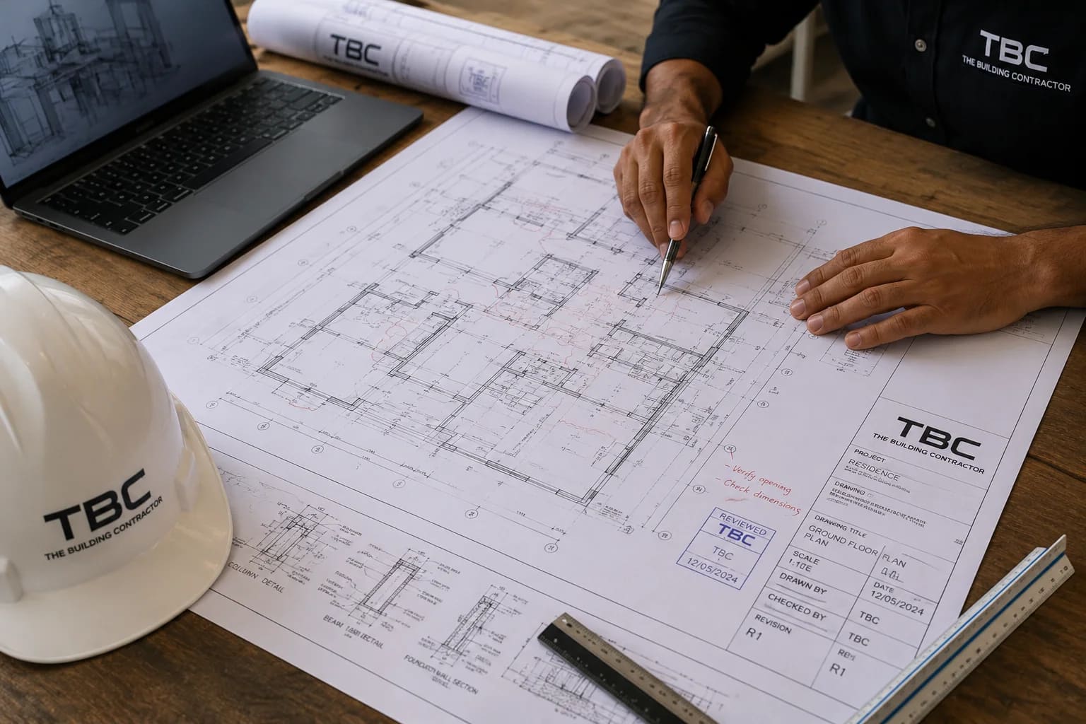 TBC technical drawings being reviewed before construction