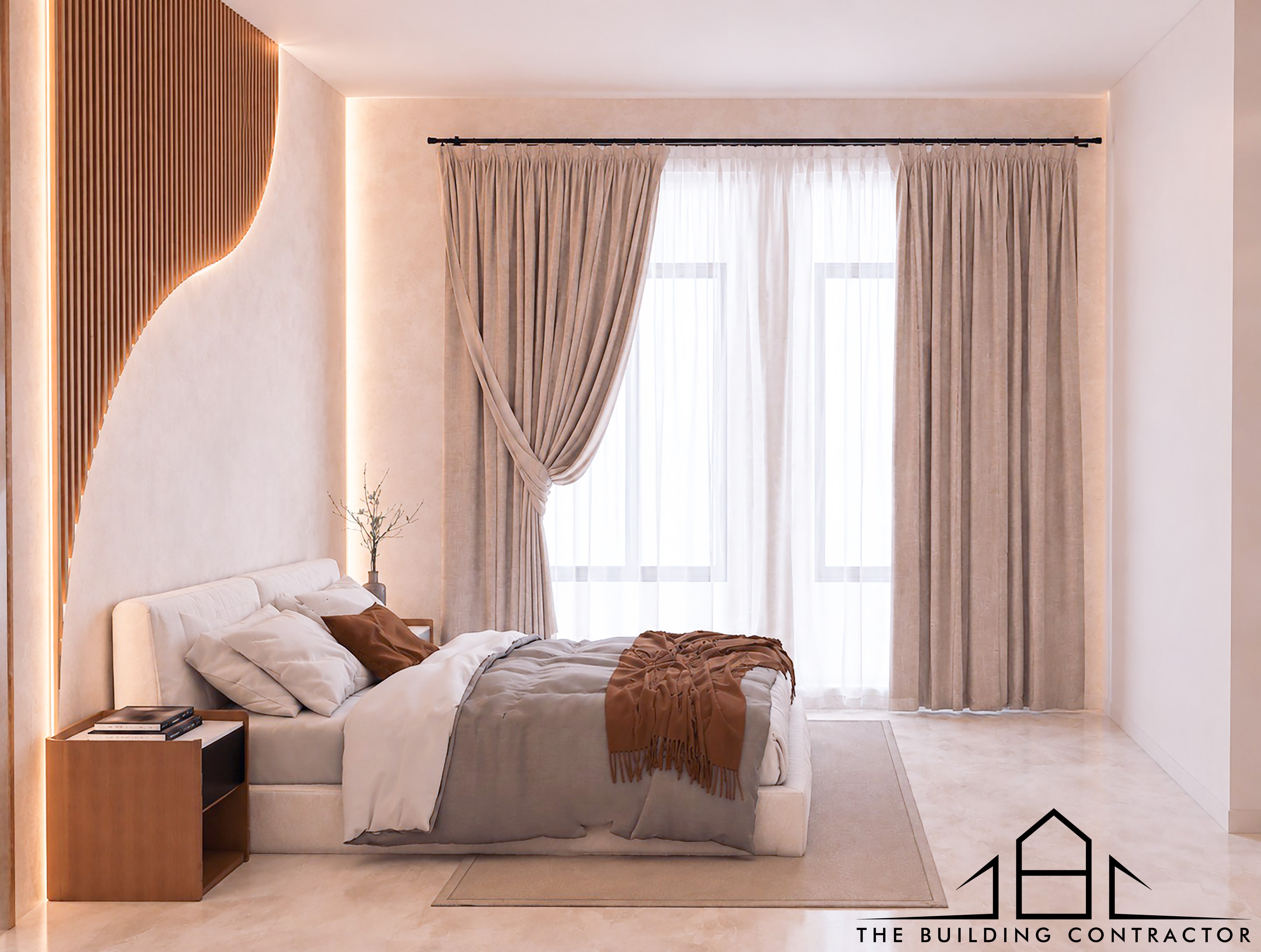 Double-height living space design visualisation with upper-level connection
