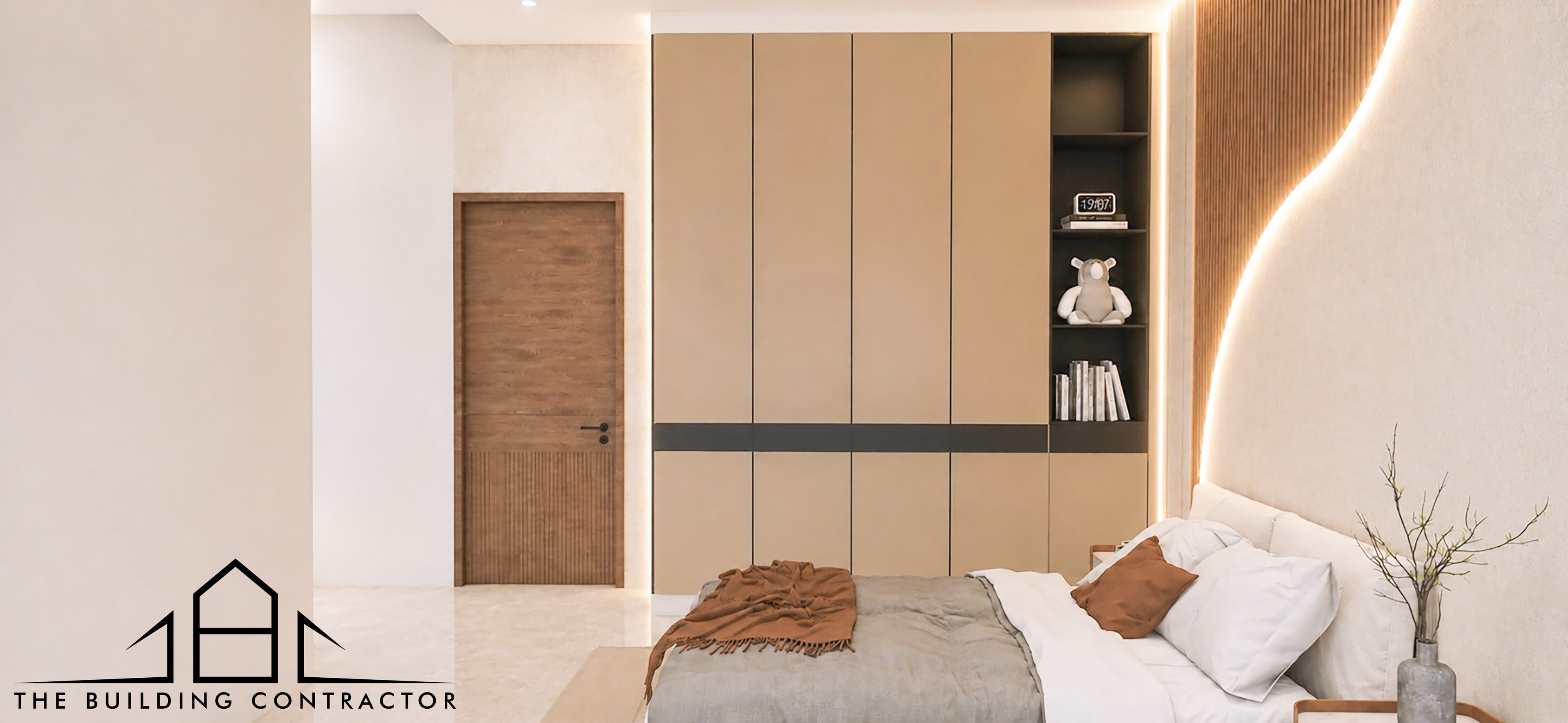 Wide interior design visualisation of the double-height living volume