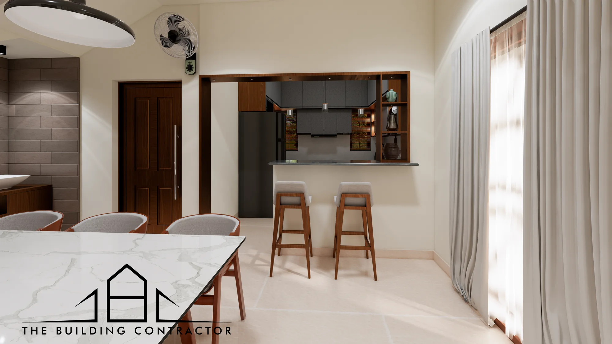 Living area interior at Edam Grove Residence with warm timber finishes