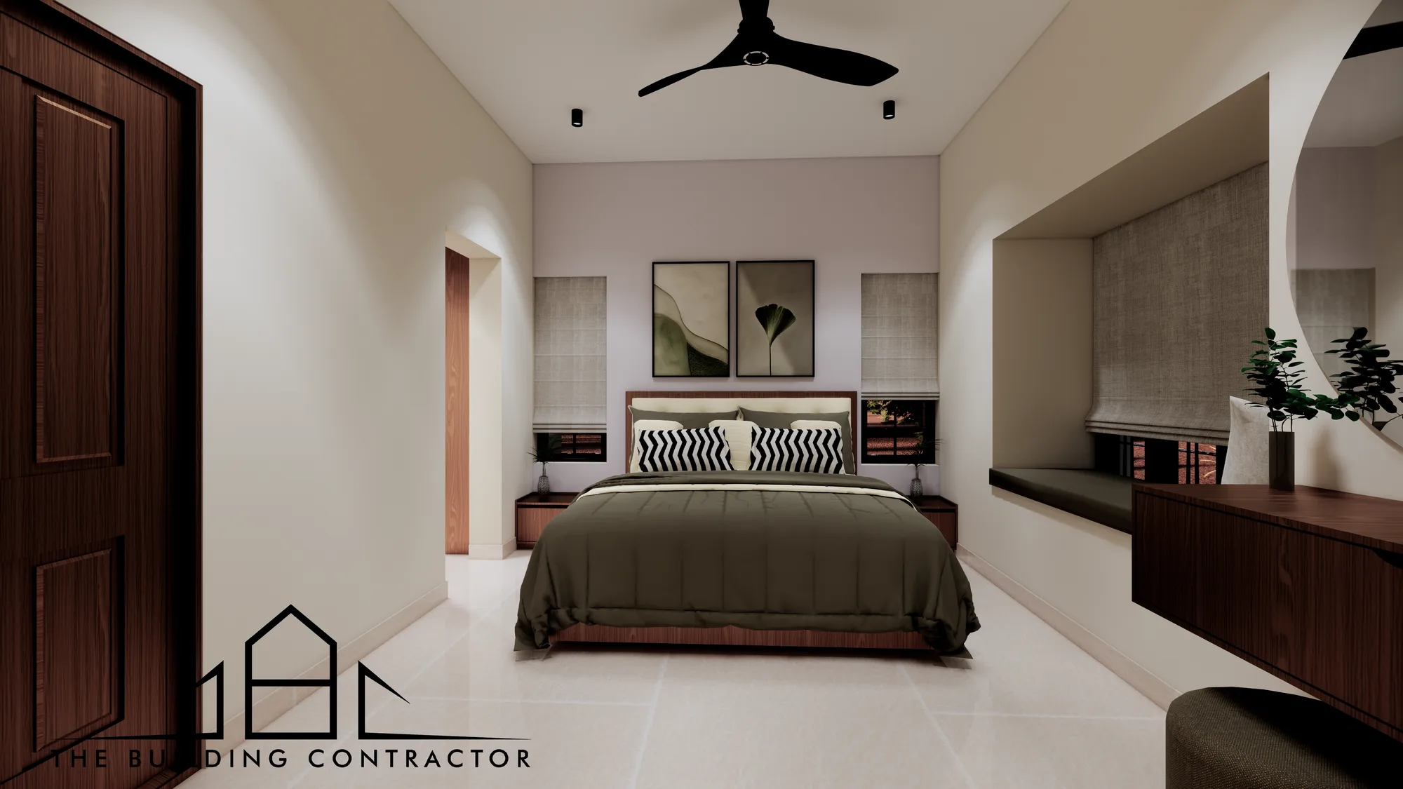 Bedroom interior at Edam Grove Residence with built-in timber elements