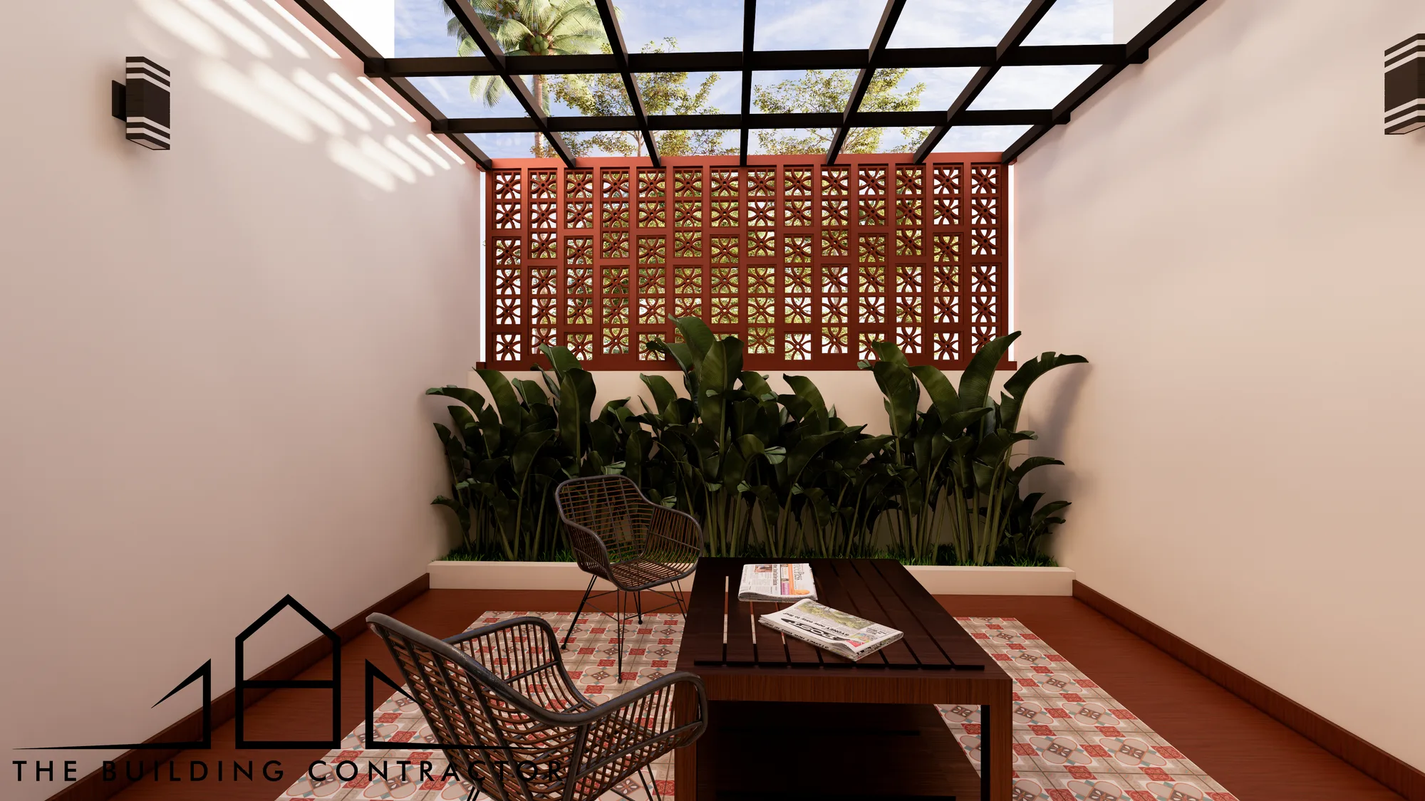 Outdoor patio space connecting interior and landscape at Edam Grove Residence
