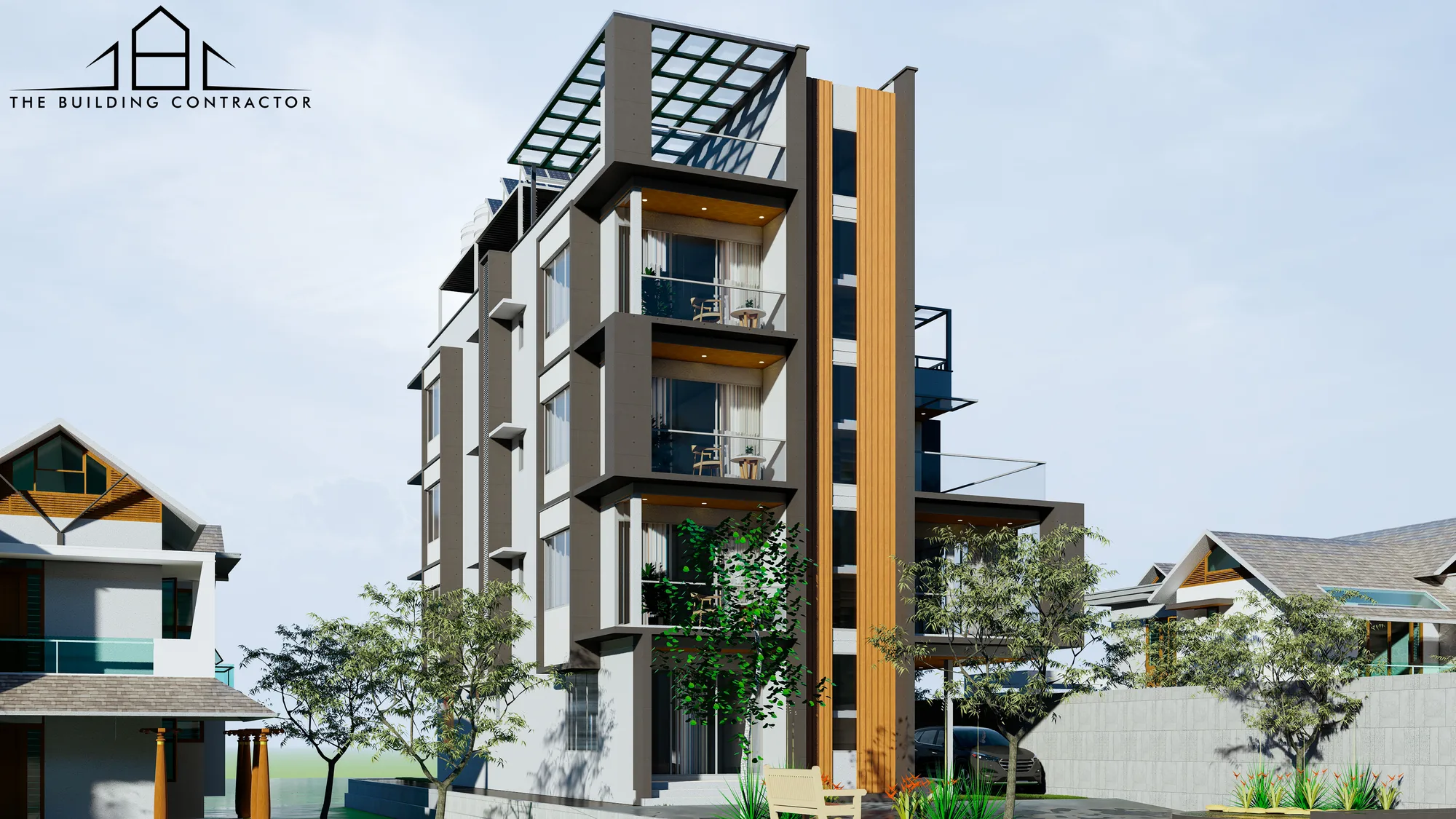Angled elevation design visualisation showing the vertical stacked form of Judges Apartment