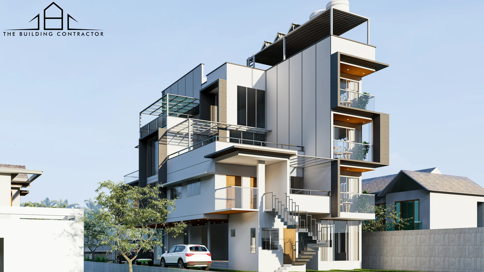 Design visualisation showing recessed and projecting facade elements at Judges Apartment