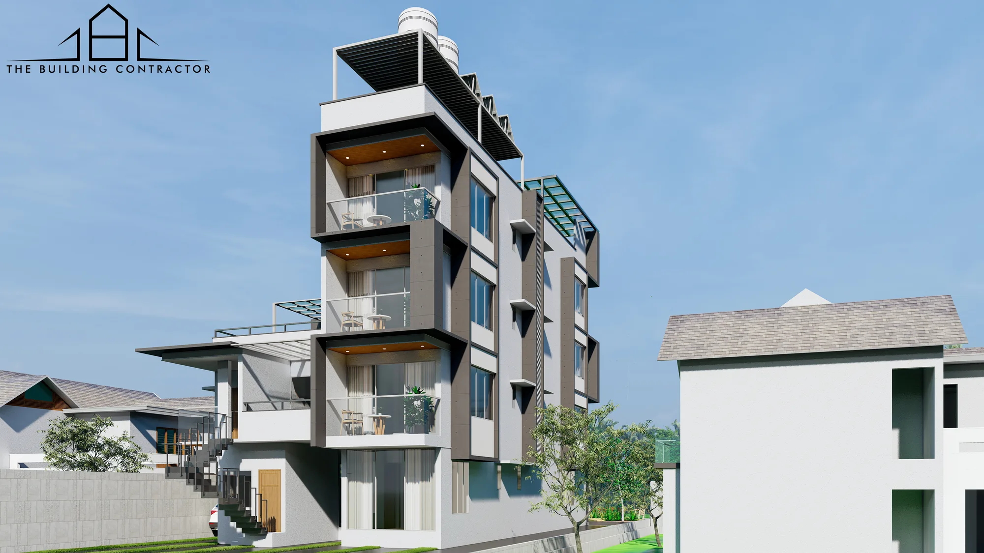 Side elevation design visualisation showing stacked balcony projections at Judges Apartment