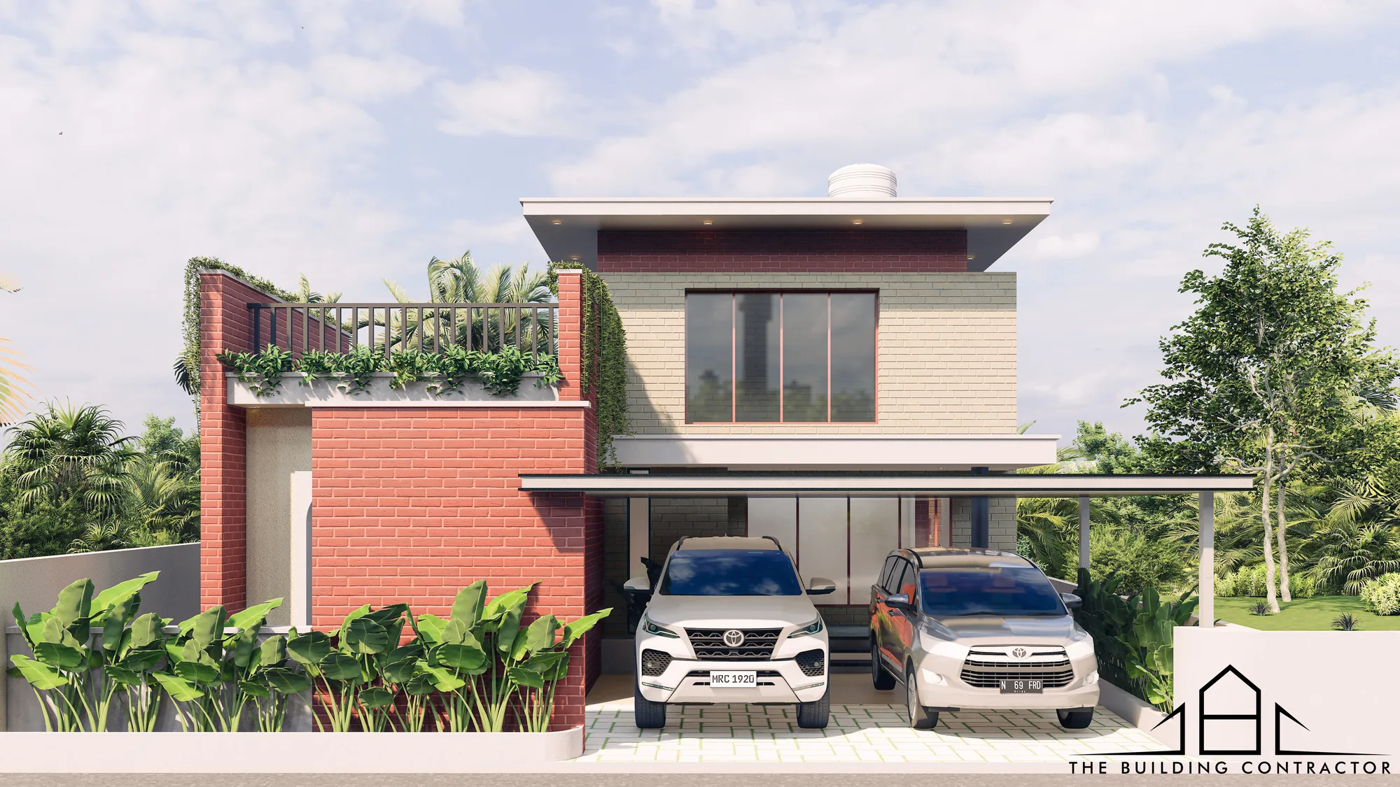 Exterior design visualisation showing the two-level relationship of Manju M Residence