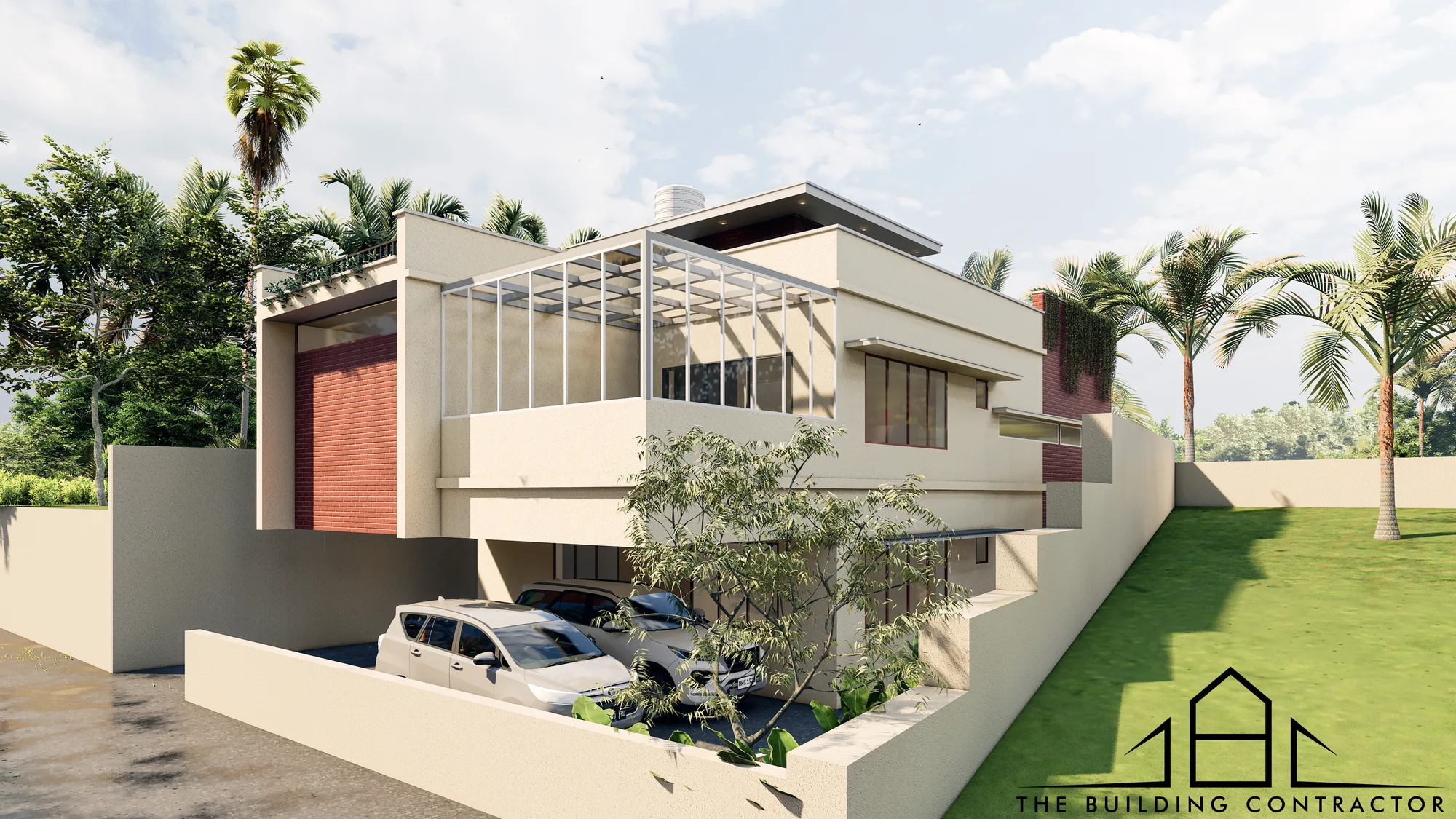 Exterior design visualisation showing cantilevered bedroom and structural projection at Manju M Residence