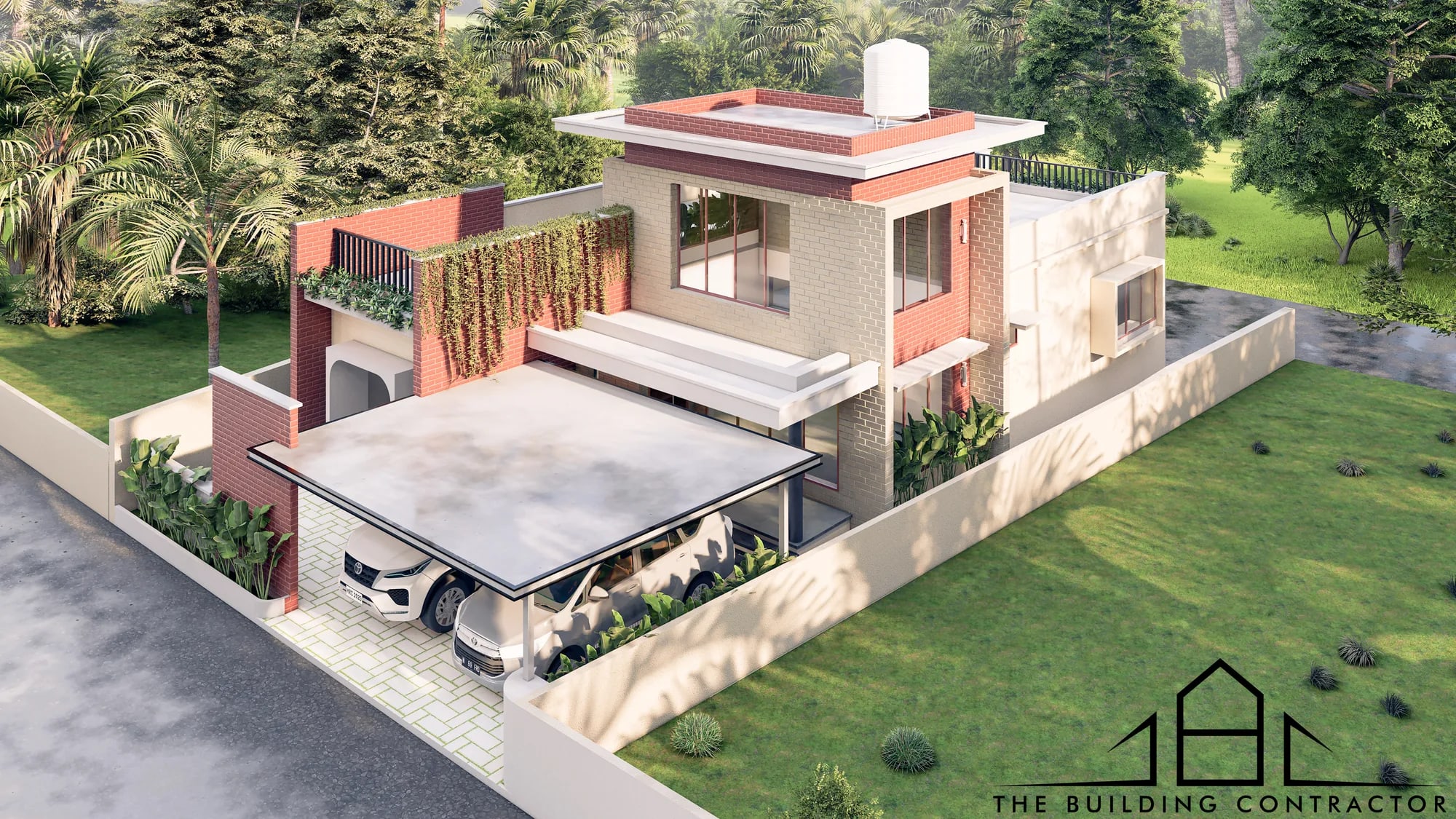 Aerial design visualisation of Manju M Residence showing site access and surrounding context