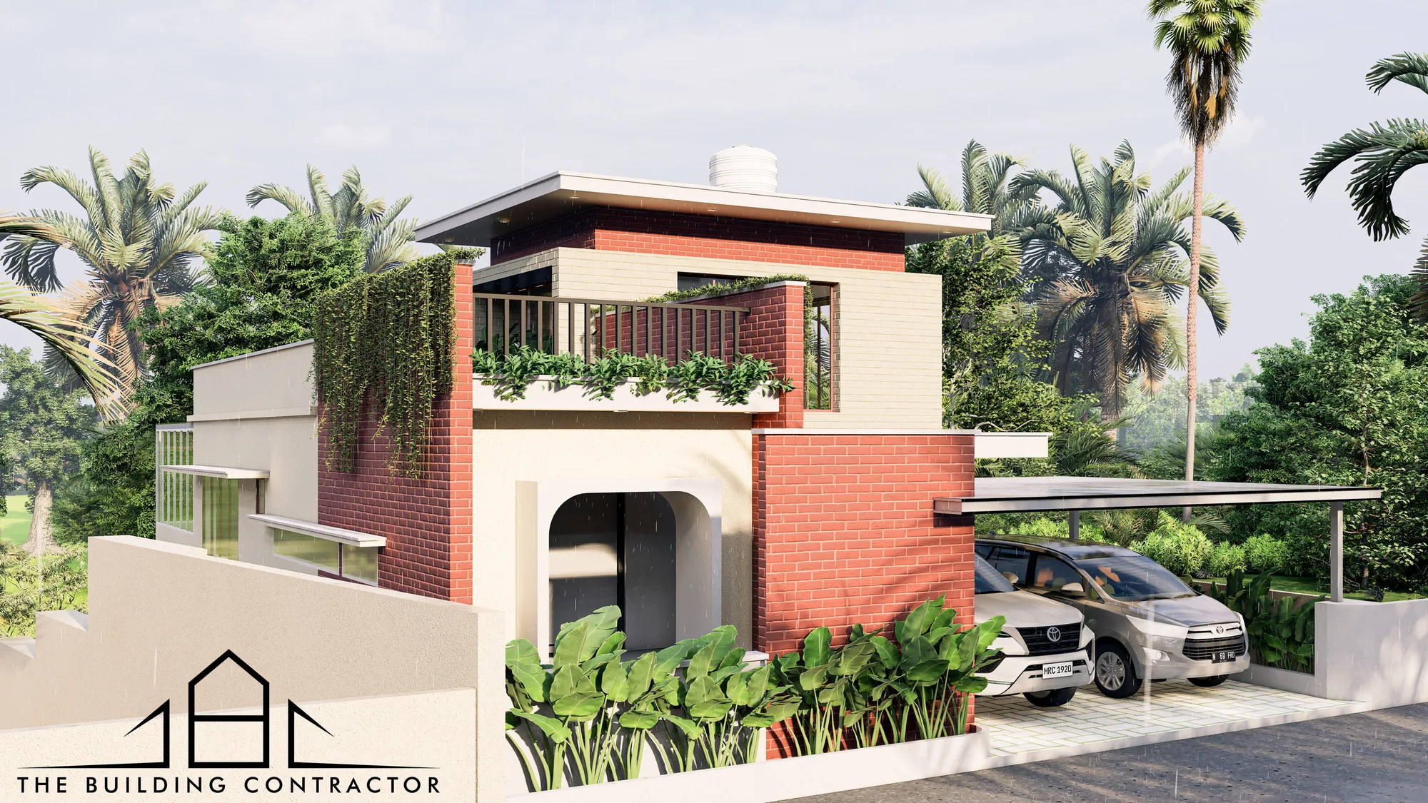 Exterior design visualisation showing brick-toned volumes and horizontal planes at Manju M Residence