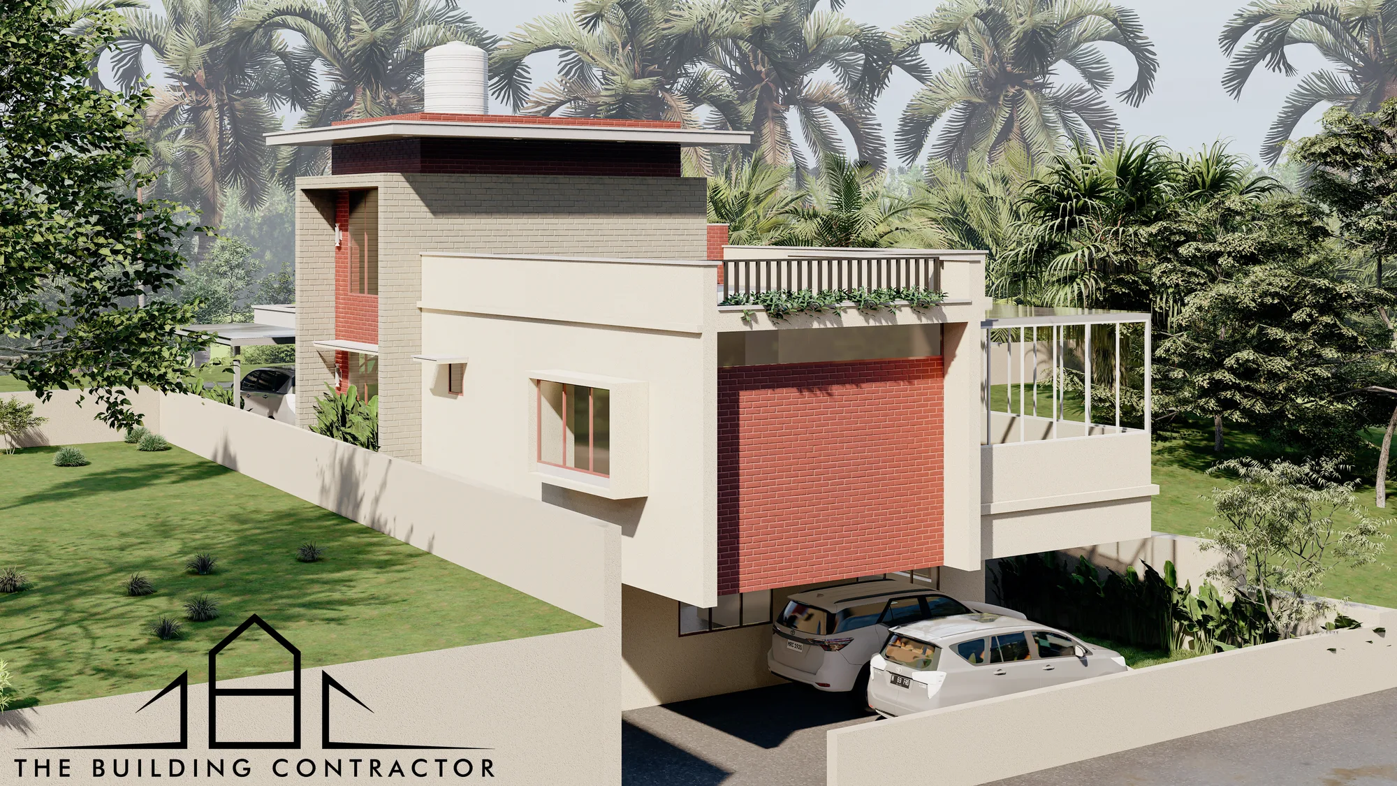 Upper-angle design visualisation of Manju M Residence showing terrace and levels