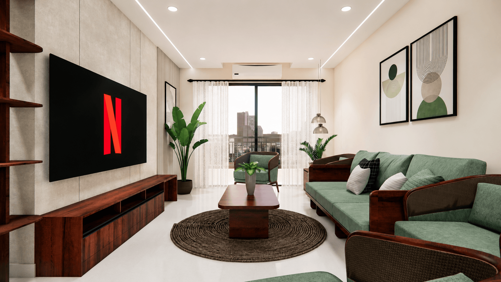 Minimalist living interior at Mathew Thomas apartment, Vyttila